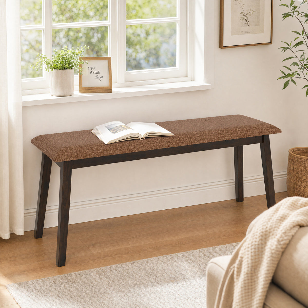 43.5 Inch Upholstered Entryway Bench with Rubber Wood Frame-Brown