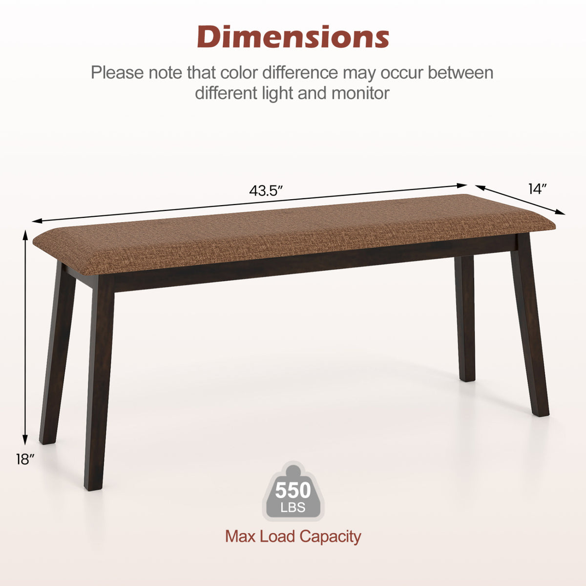 43.5 Inch Upholstered Entryway Bench with Rubber Wood Frame-Brown