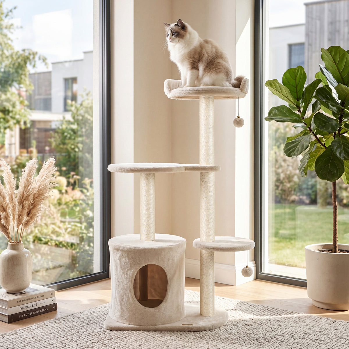 43" Cat Tree for Indoor Cats with Comfy Plush Perches and Sisal Scratching Posts-Beige