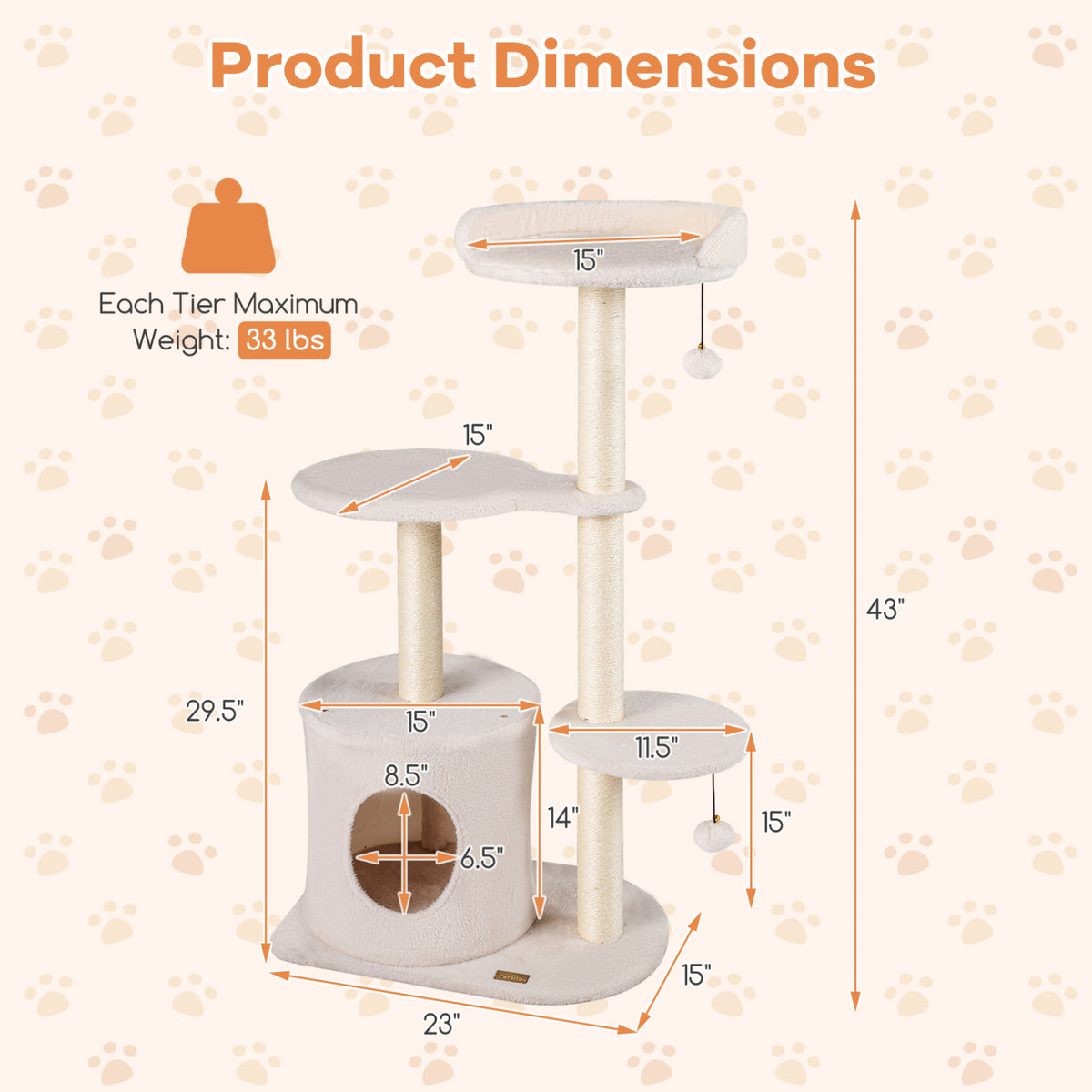 43" Cat Tree for Indoor Cats with Comfy Plush Perches and Sisal Scratching Posts-Beige