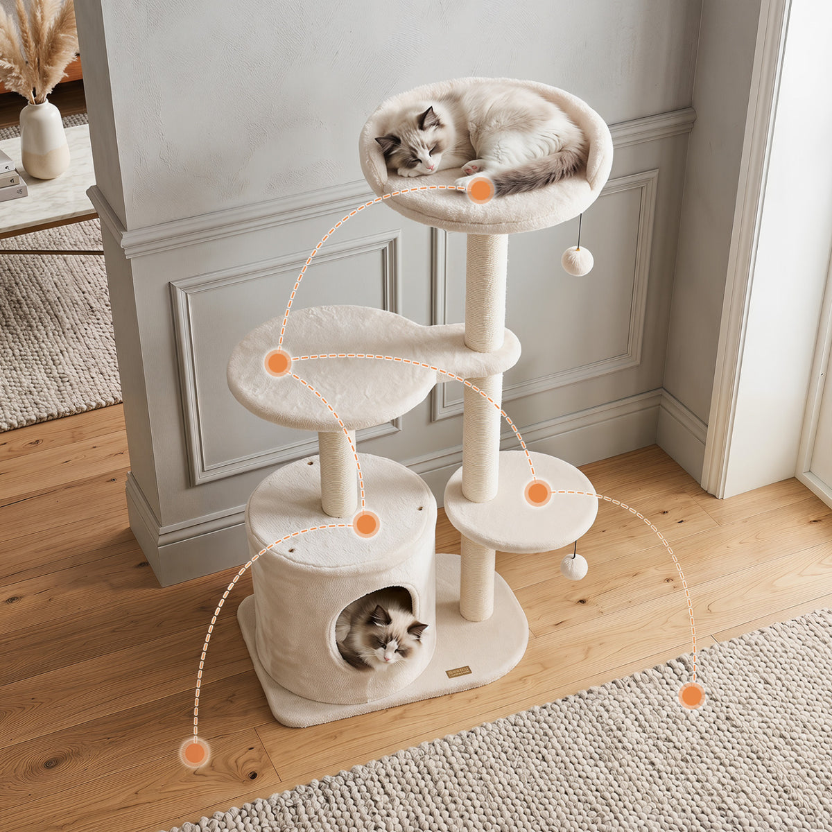 43" Cat Tree for Indoor Cats with Comfy Plush Perches and Sisal Scratching Posts-Beige