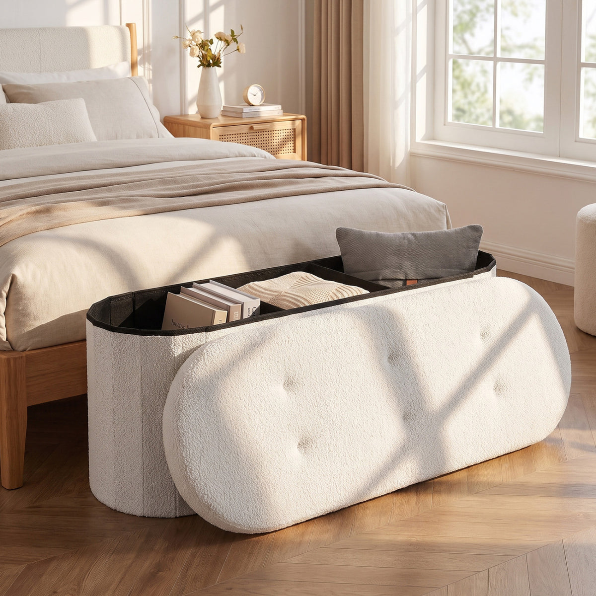 43" Folding Teddy Storage Ottoman Bench with Dividers for Living Room and Bedroom-Beige