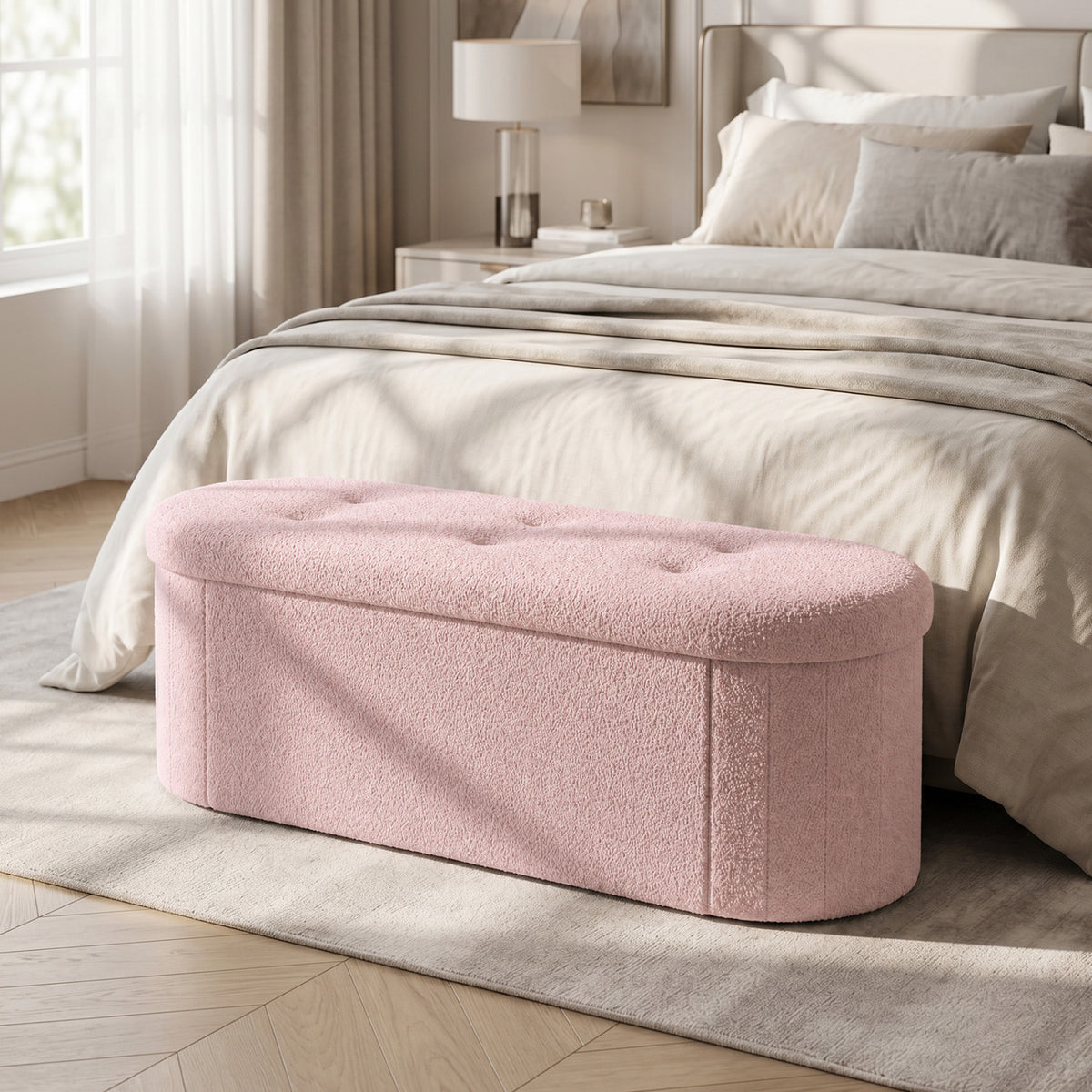 43" Folding Teddy Storage Ottoman Bench with Dividers for Living Room and Bedroom-Pink