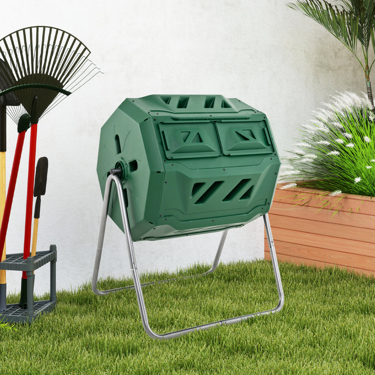 43 Gallon Rotating Compost Bin Barrel with Dual Chamber and Sliding Doors-Green