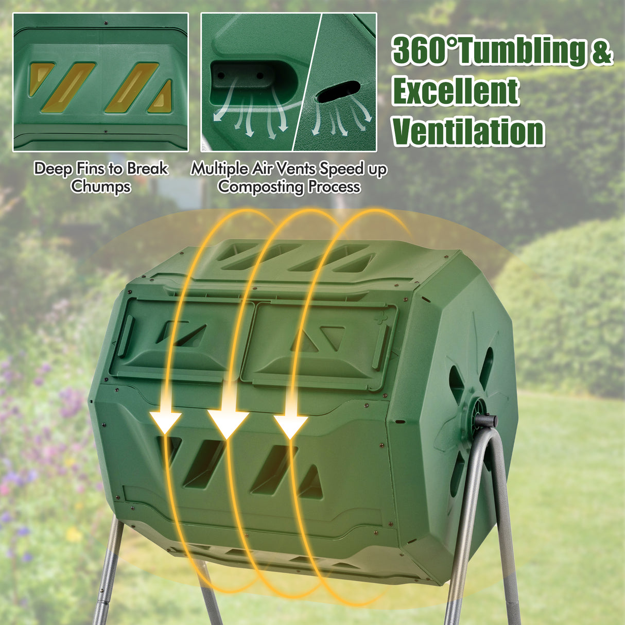 43 Gallon Rotating Compost Bin Barrel with Dual Chamber and Sliding Doors-Green