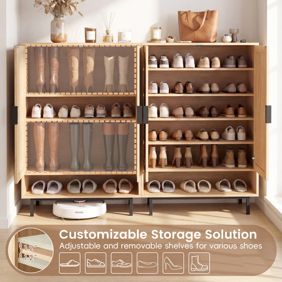 43 Inch 6-Tier Tall Shoe Cabinet with Double Doors-Natural