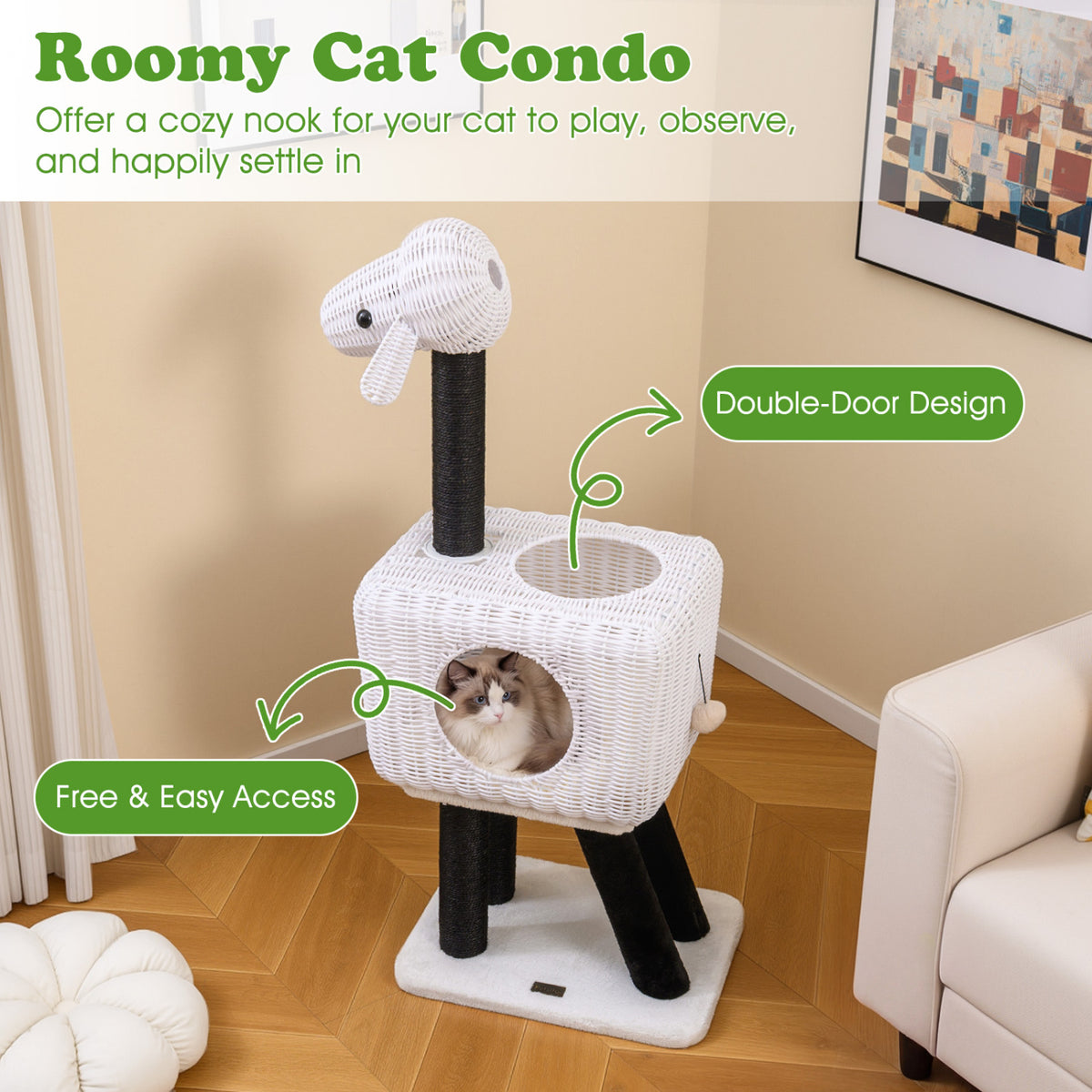 43-Inch Lamb-Shaped Cat Tower with 2-Door Rattan Condo for Indoor Kittens-White