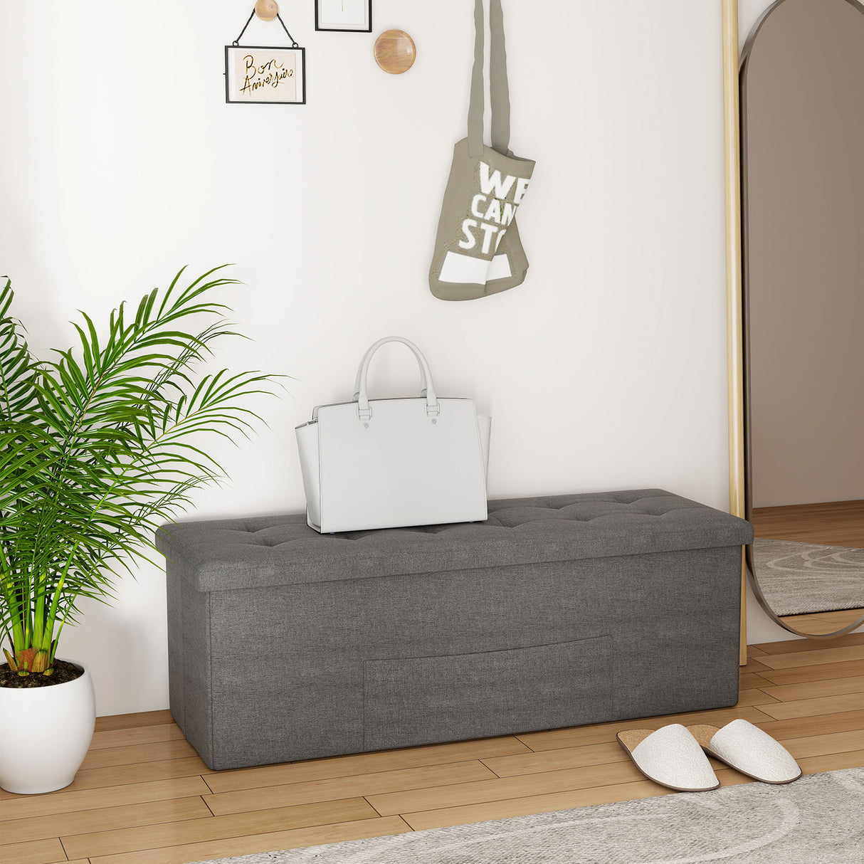 43 Inches Folding Storage Ottoman Bench Linen End of Bed Bench with Padded Seat-Dark Gray