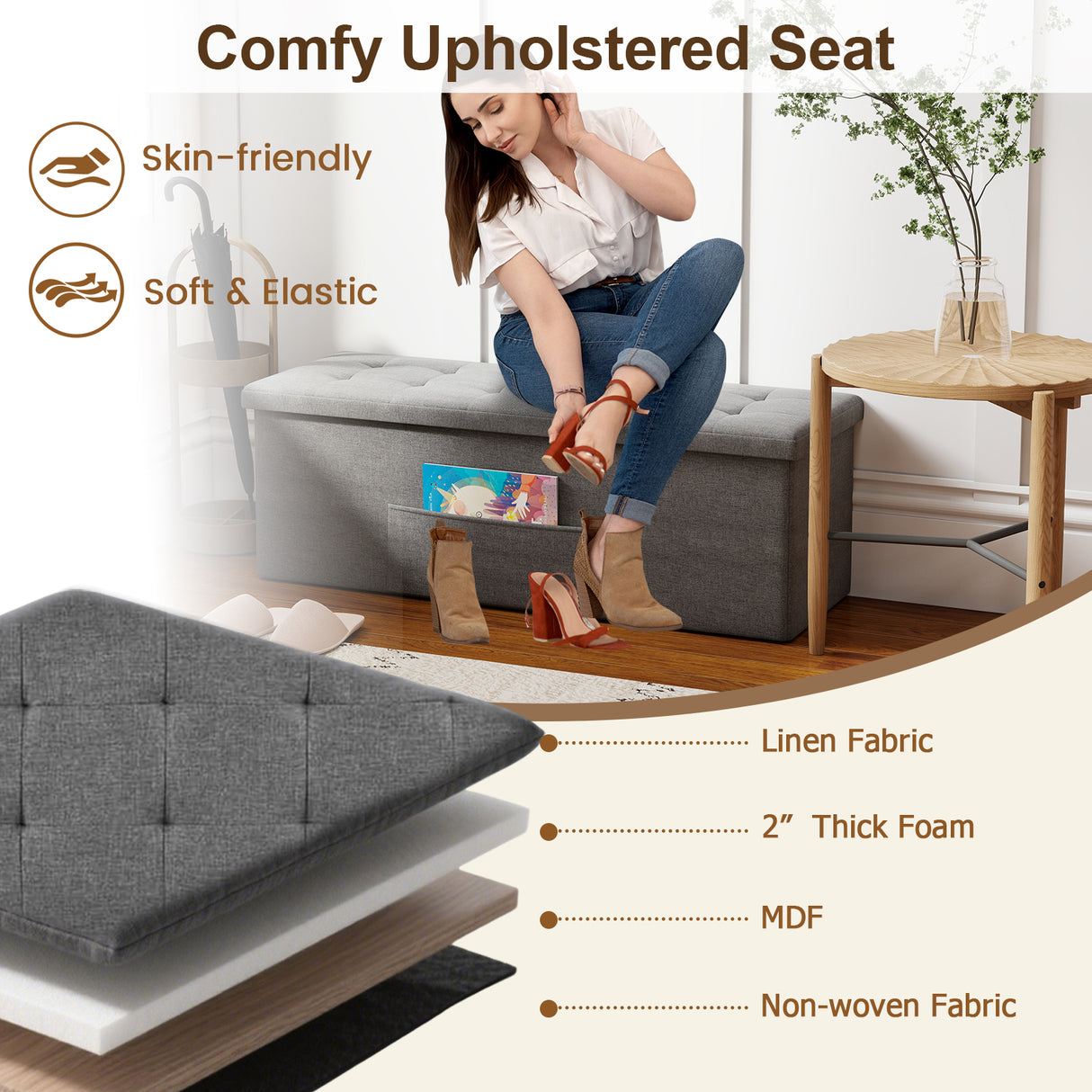43 Inches Folding Storage Ottoman Bench Linen End of Bed Bench with Padded Seat-Dark Gray