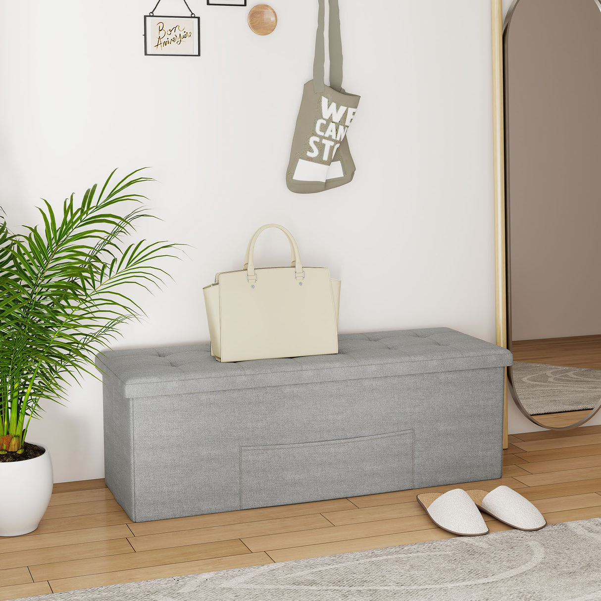 43 Inches Folding Storage Ottoman Bench Linen End of Bed Bench with Padded Seat-Light Gray