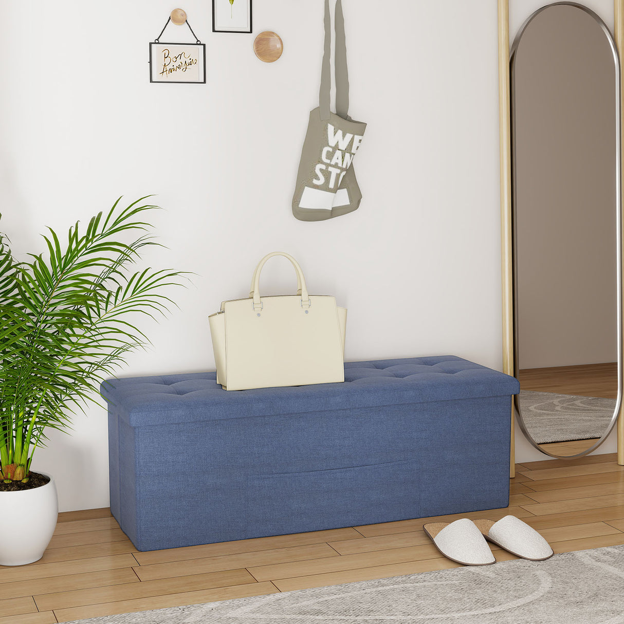 43 Inches Folding Storage Ottoman Bench Linen End of Bed Bench with Padded Seat-Navy