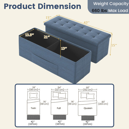 43 Inches Folding Storage Ottoman Bench Linen End of Bed Bench with Padded Seat-Navy