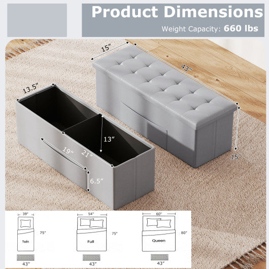 43 Inches Folding Storage Ottoman Bench Foot Rest Stool End of Bed Bench-Gray