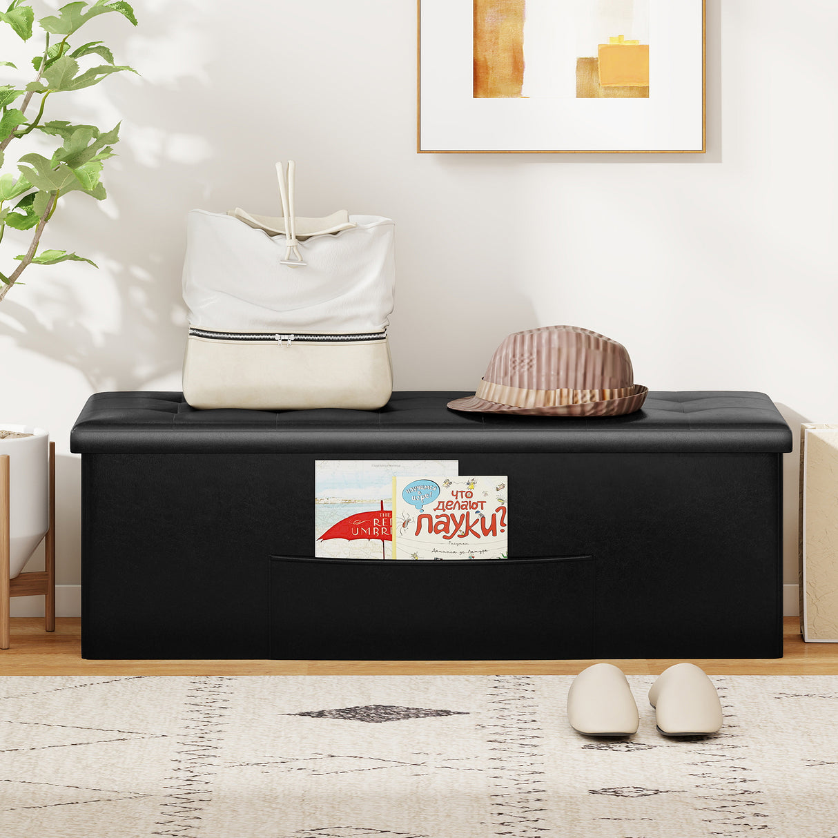 43 Inches Folding Storage Ottoman Bench Foot Rest Stool End of Bed Bench-Black