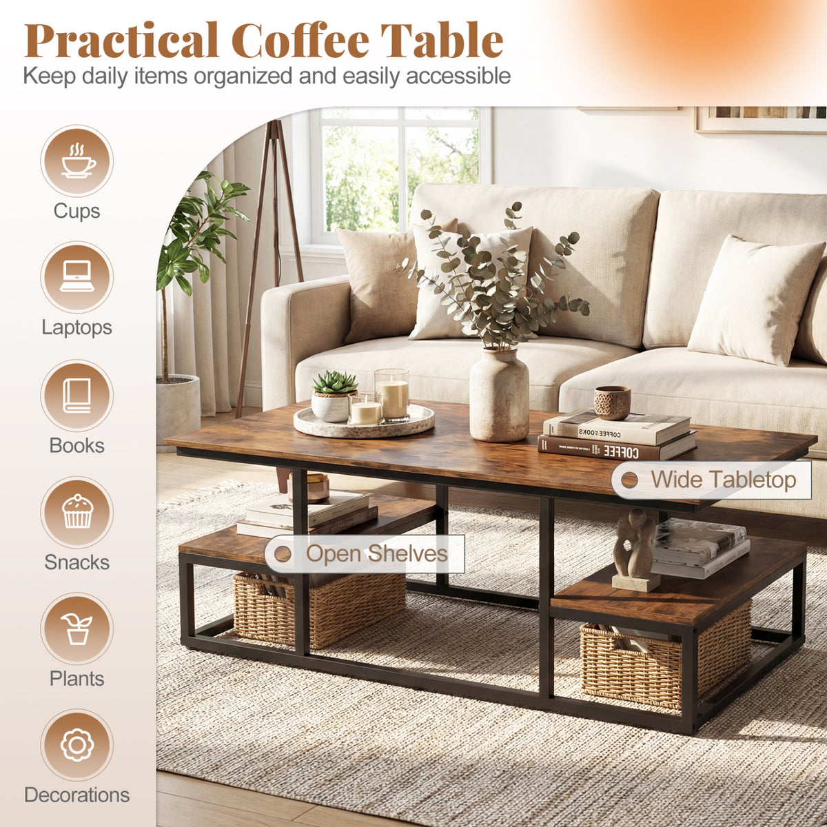 43" Rectangle Coffee Table with Storage and Open Shelves-Rusticbrown