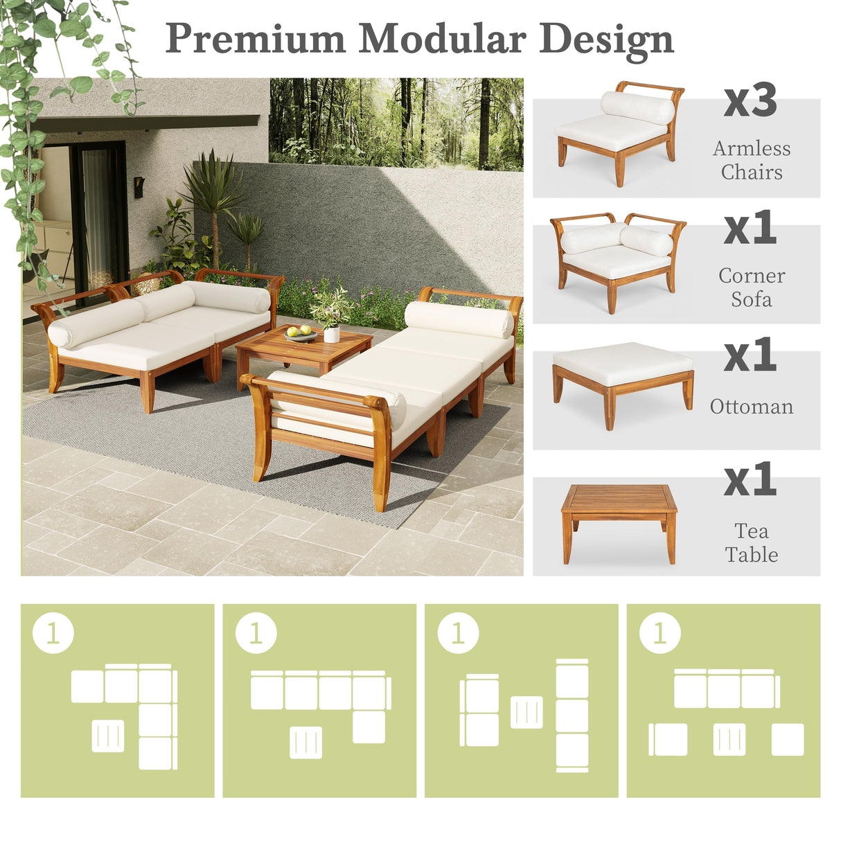 6 Piece Acacia Wood Outdoor Modular Sectional with Daybed and Tea Table