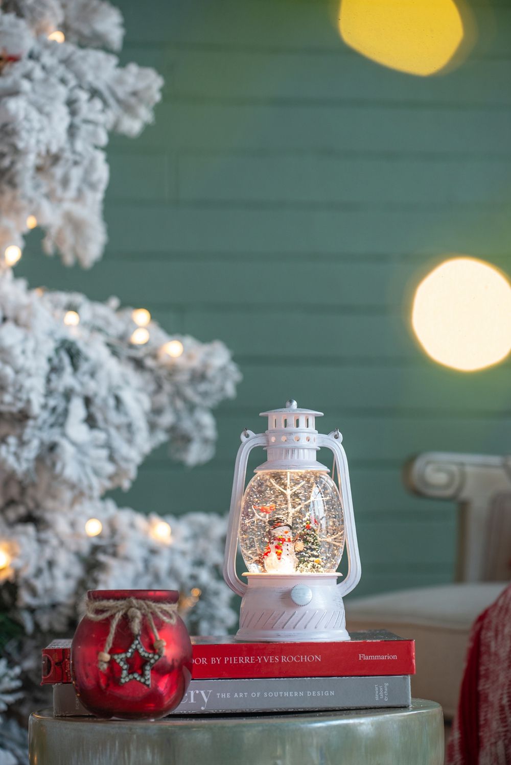 Christmas Plastic / Resin Lantern With Snowman & Tree LED / Water Spinning / 6 Hours Timer, 3*AA Batteries Required - White / Multi by Couch.com