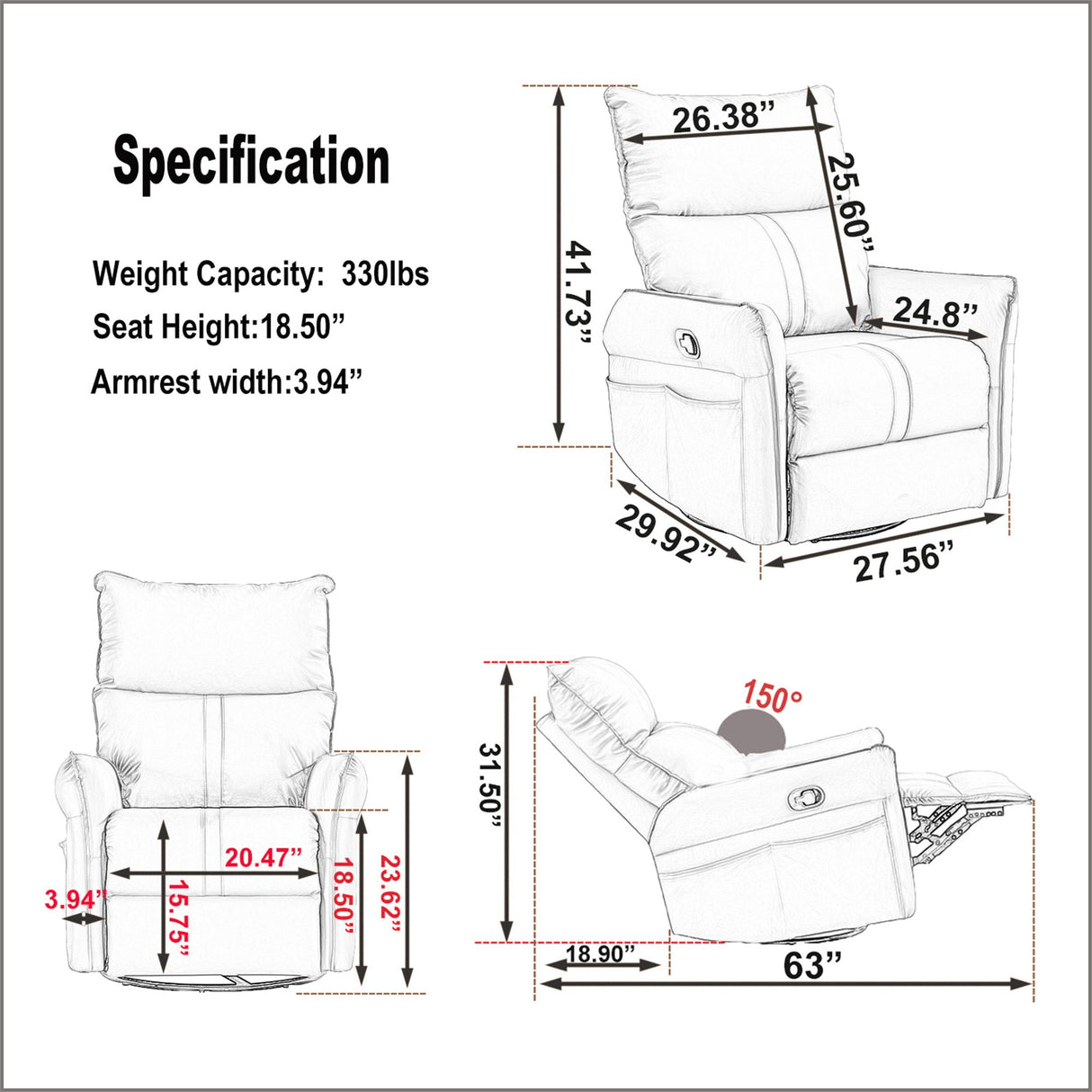 360° Modern Small Rocking Swivel Recliner Chair With Side Pocket