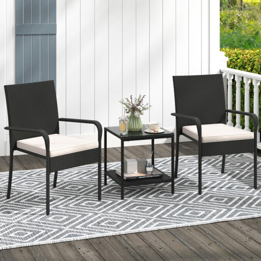 3 Piece Patio Furniture Set with Seat Cushions and Tempered Glass -White