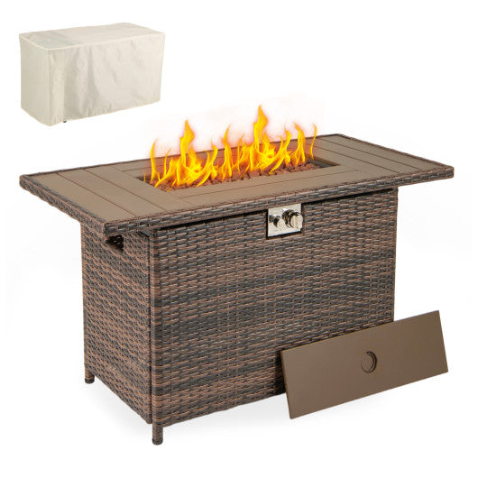 44.5 Inch Propane Fire Pit Table Rattan Gas 2-in-1 with Stainless Steel Burner-Brown