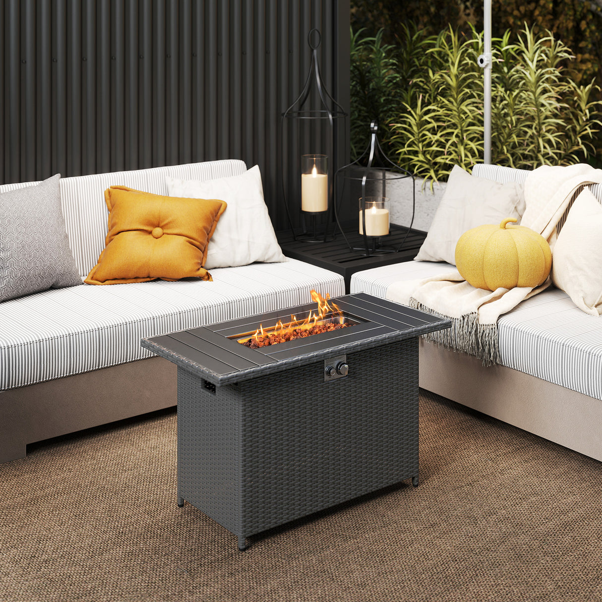 44.5 Inch Propane Fire Pit Table Rattan Gas 2-in-1 with Stainless Steel Burner-Black