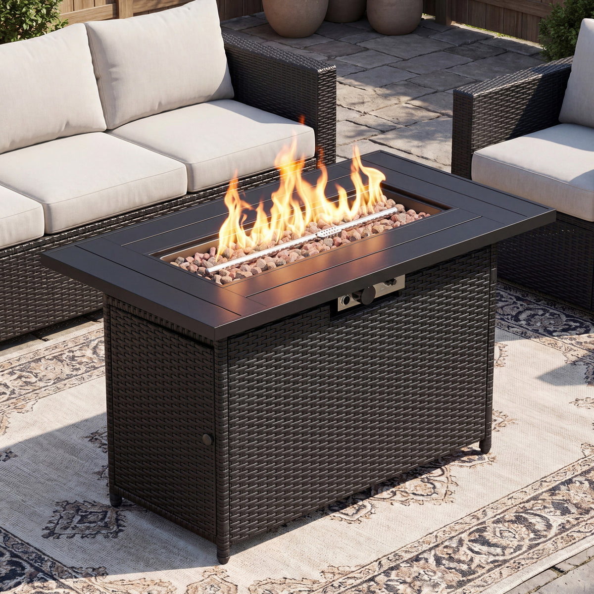 44.5 Inch Propane Fire Pit Table Rattan Gas 2-in-1 with Stainless Steel Burner-Black & Gray