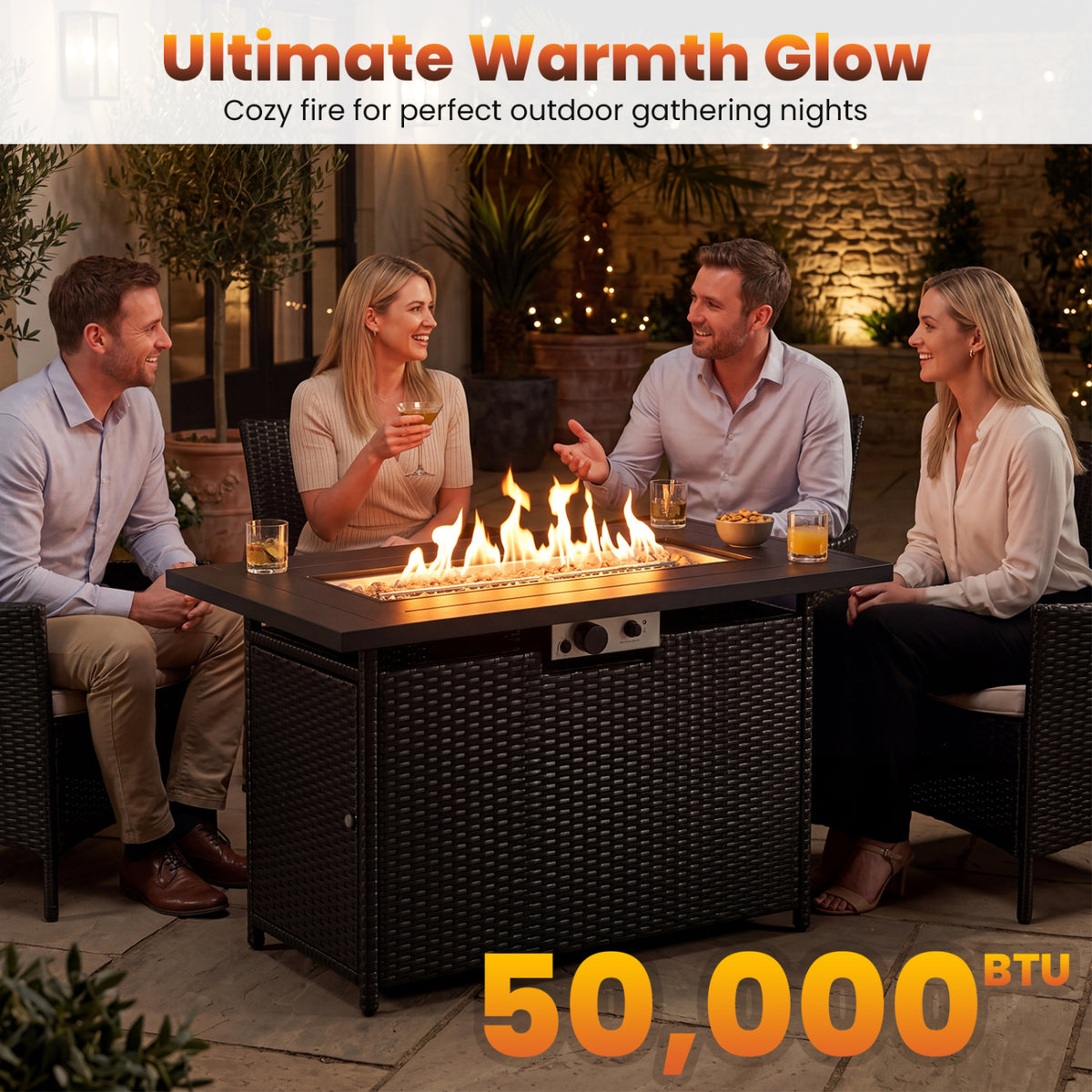 44.5 Inch Propane Fire Pit Table Rattan Gas 2-in-1 with Stainless Steel Burner-Black & Gray