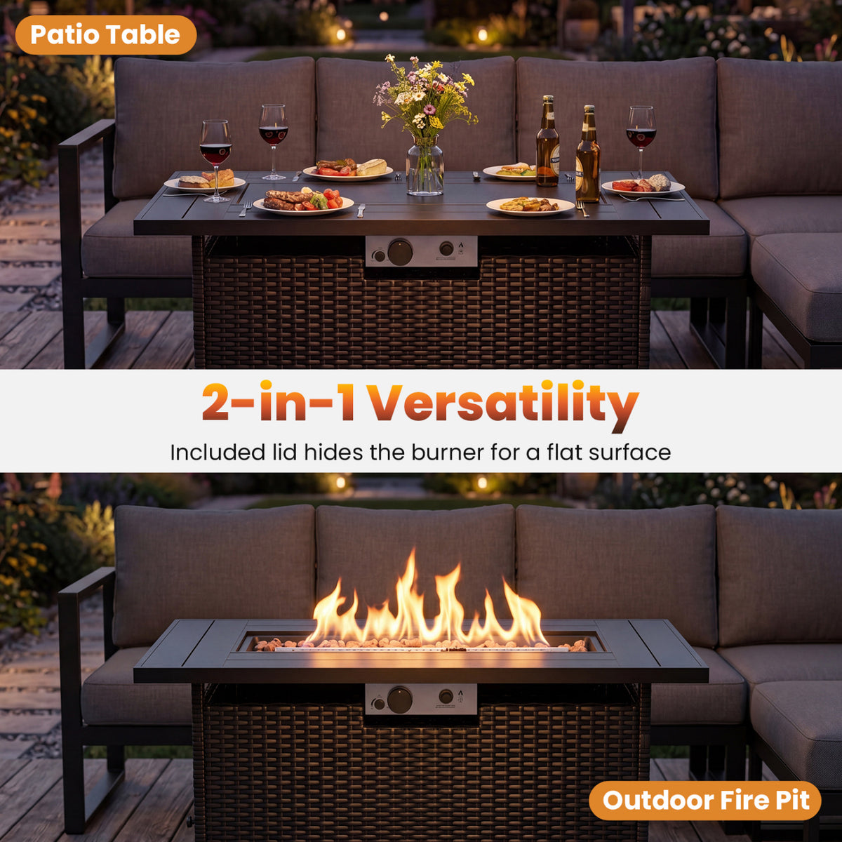 44.5 Inch Propane Fire Pit Table Rattan Gas 2-in-1 with Stainless Steel Burner-Black & Gray