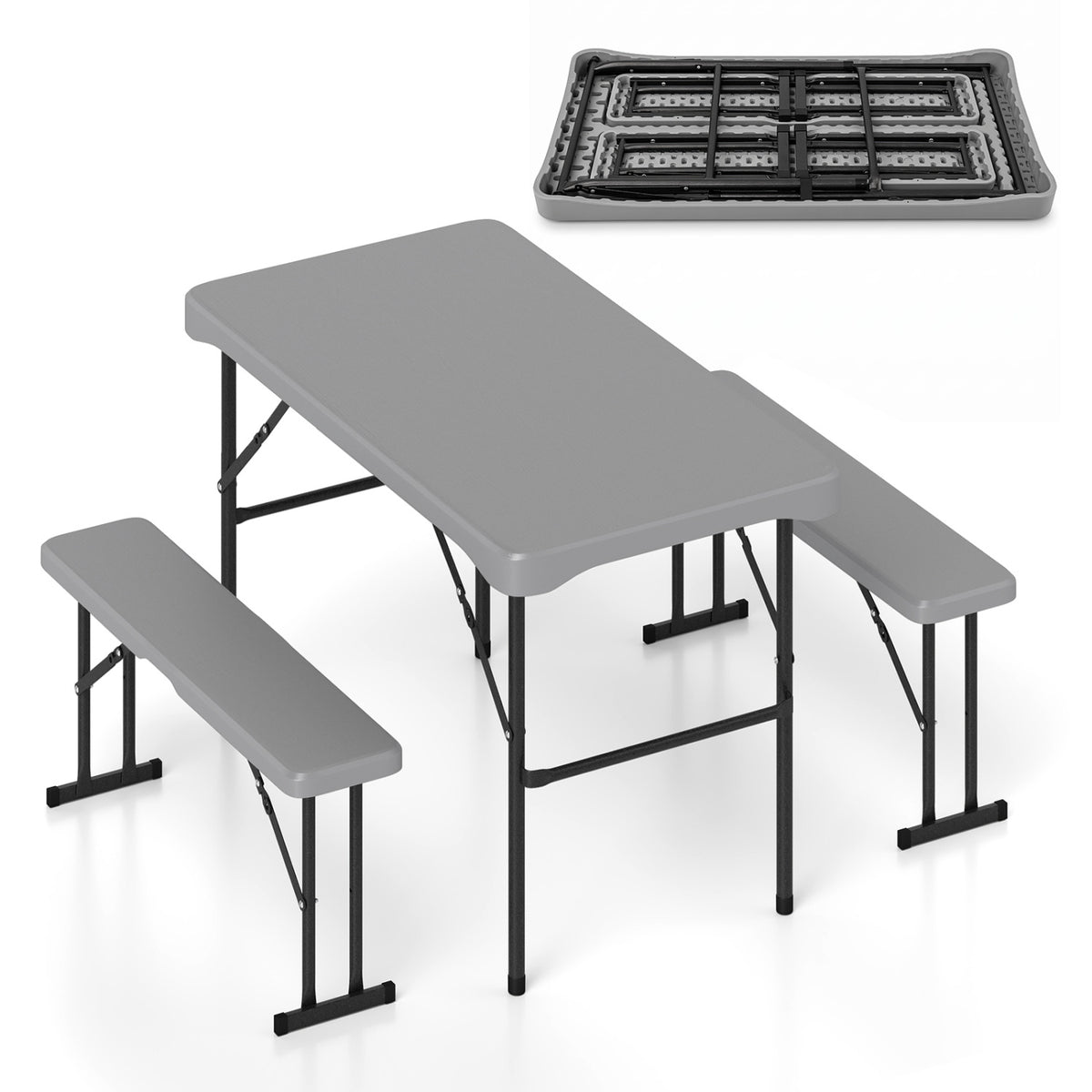 44" HDPE Folding Picnic Table Set with 2 Benches-Gray