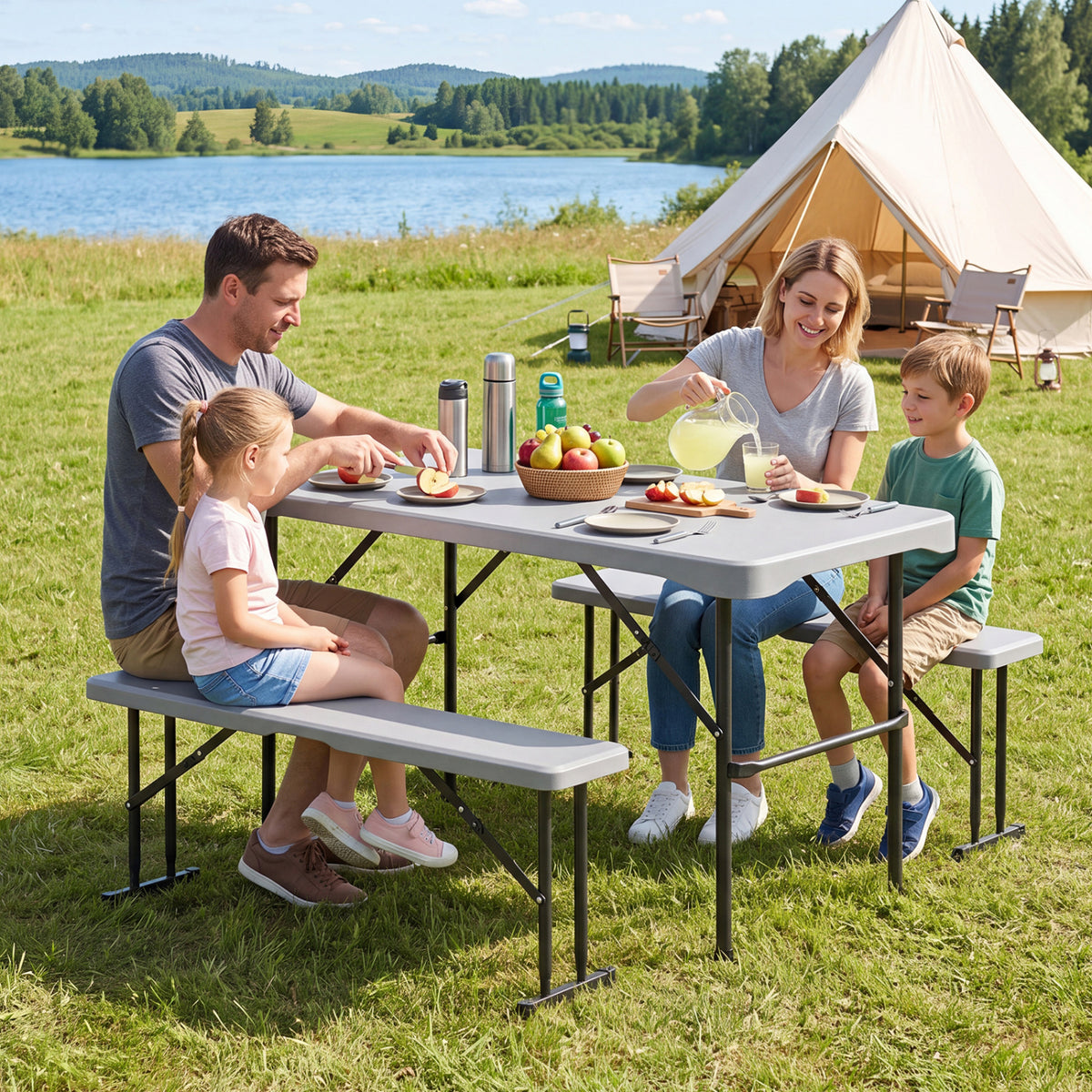 44" HDPE Folding Picnic Table Set with 2 Benches-Gray
