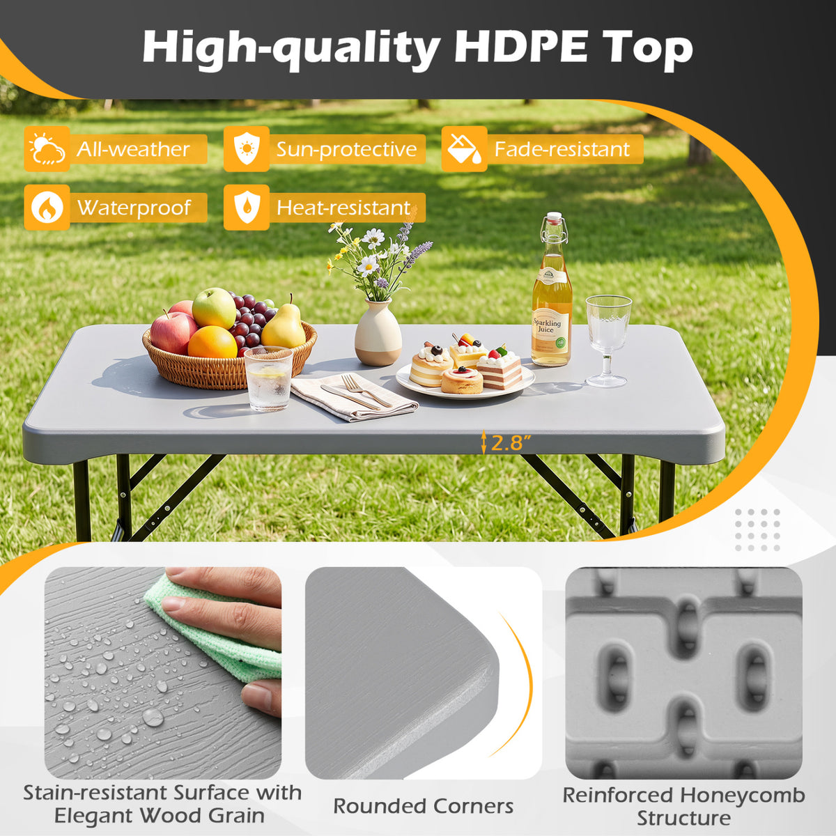 44" HDPE Folding Picnic Table Set with 2 Benches-Gray