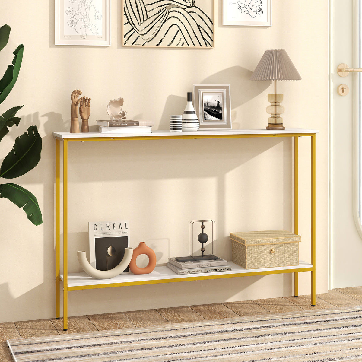 44 Inch Console Table with Shelf with Dual Anti-Tipping Kits-White