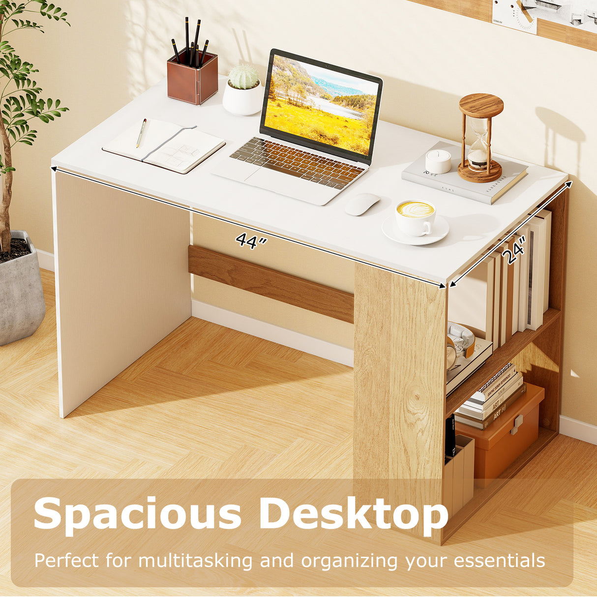 44 Inch Wooden Computer Desk with Bookshelf for Small Space-White and Natural