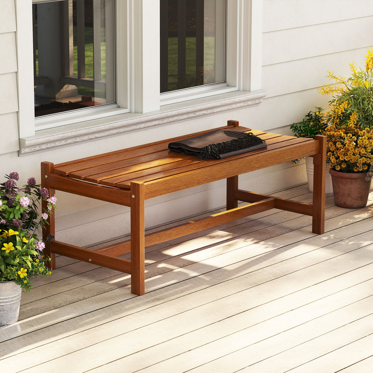 44" Patio Wood Bench Set of 1 Outdoor Solid Hardwood Dining Bench with Teak Oil Finish