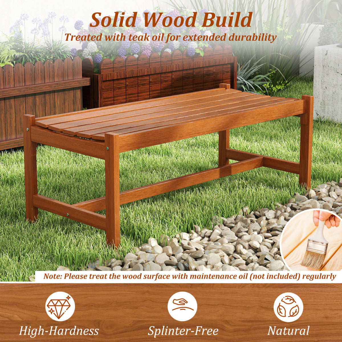 44" Patio Wood Bench Set of 1 Outdoor Solid Hardwood Dining Bench with Teak Oil Finish