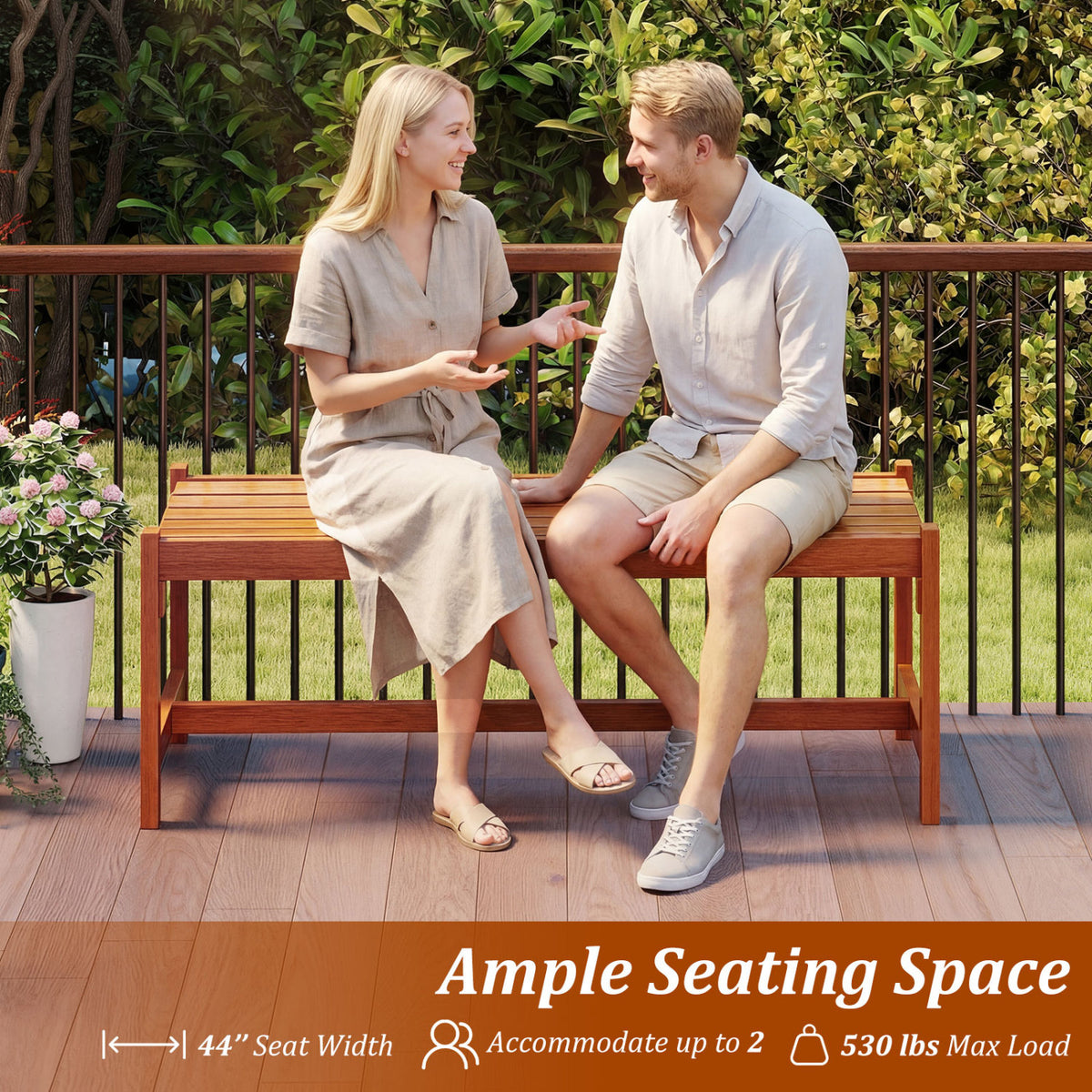 44" Patio Wood Bench Set of 1 Outdoor Solid Hardwood Dining Bench with Teak Oil Finish