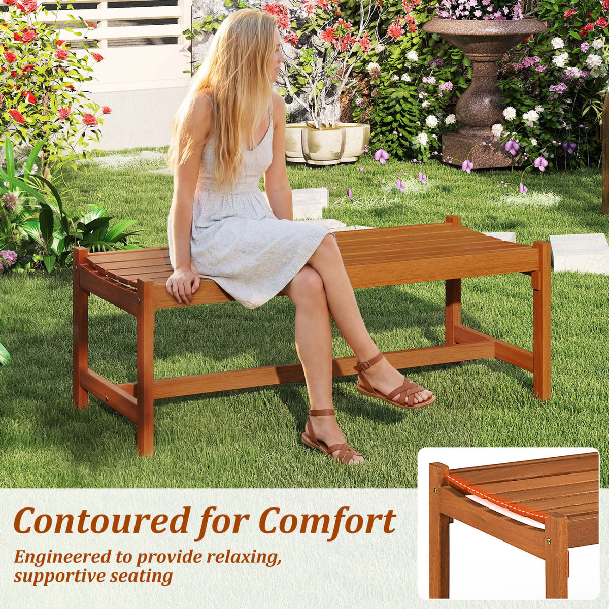 44" Patio Wood Bench Set of 1 Outdoor Solid Hardwood Dining Bench with Teak Oil Finish