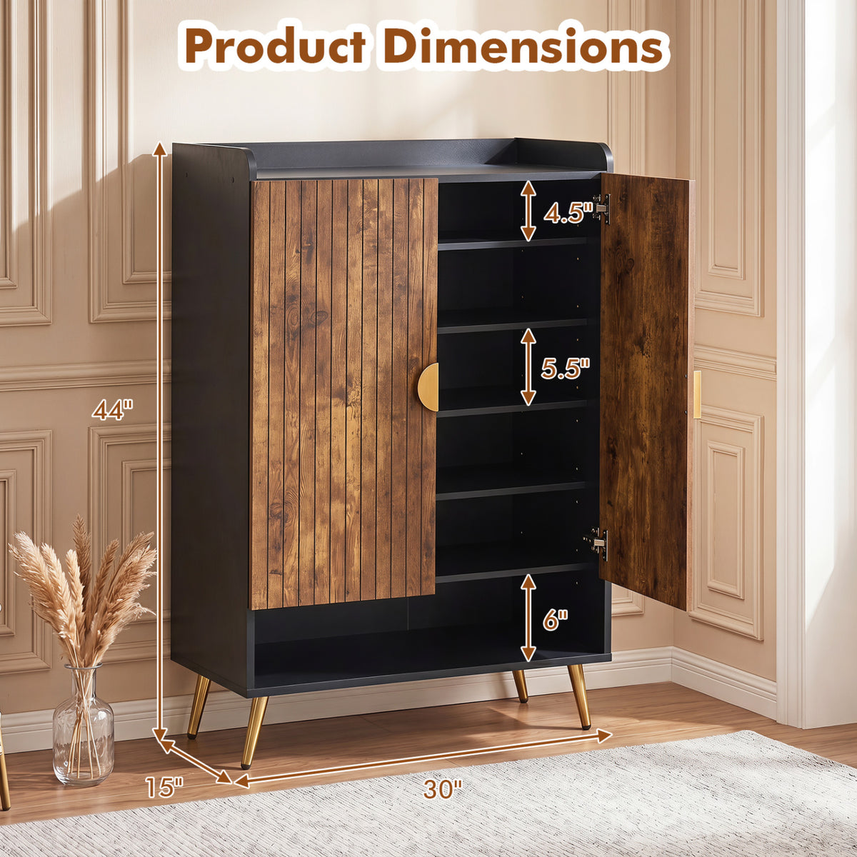 44" Tall Shoe Storage Cabinet with 7-Tier Doors and Adjustable Shelves for Entryway-Rustic Brown