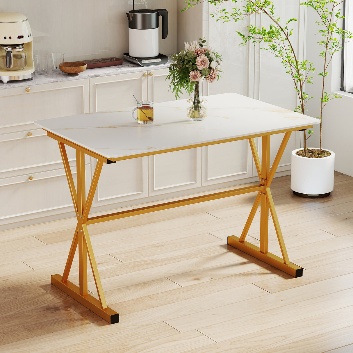 44 Inches Sintered Stone Dining Table with Metal Frame and Faux Marble Tabletop-White
