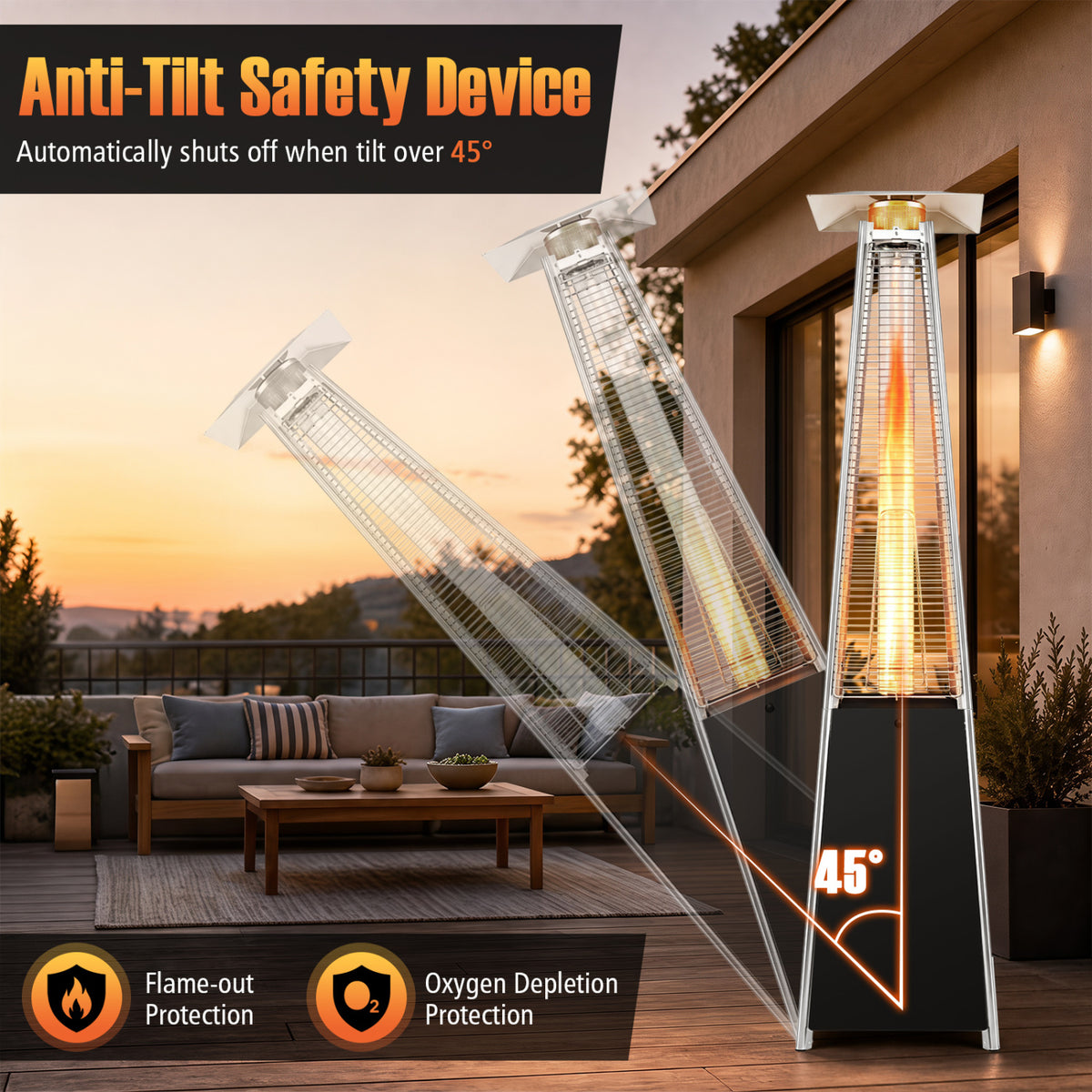 45000 BTU Pyramid Patio Heater with Zippered Cover Triple Safety Protection and wheels-Silver