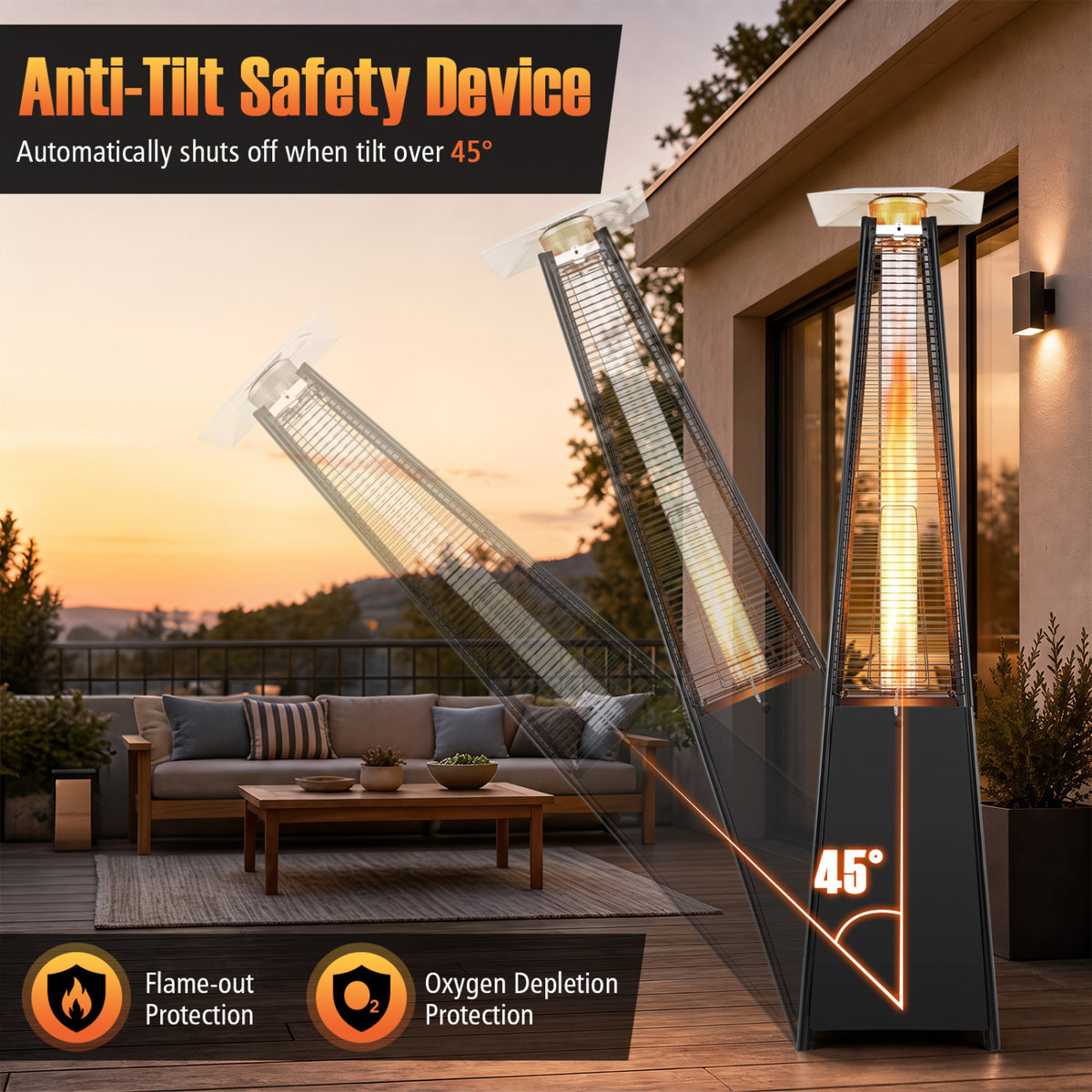 45000 BTU Pyramid Patio Heater with Zippered Cover Triple Safety Protection and wheels-Black