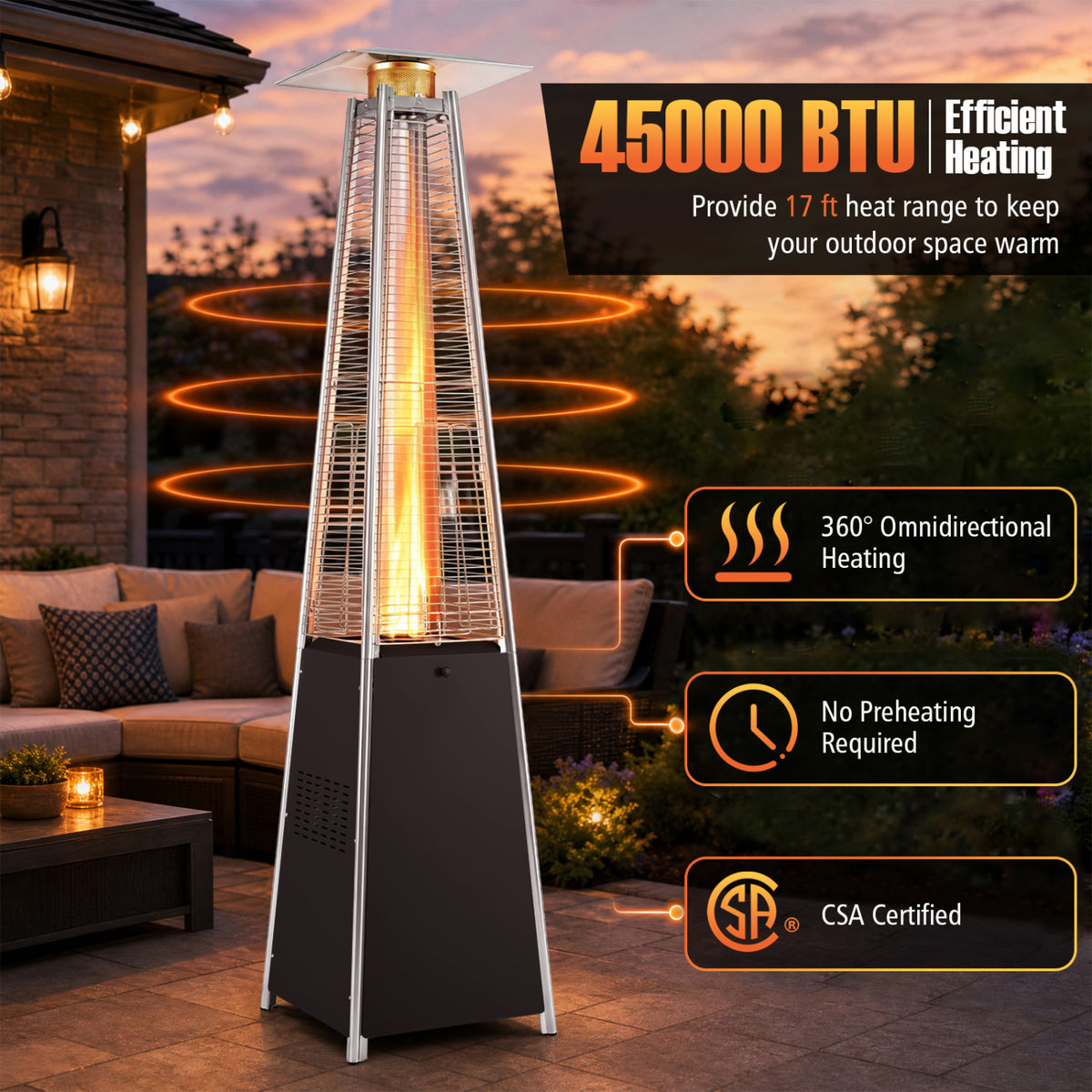 45000 BTU Pyramid Patio Heater with Zippered Cover Triple Safety Protection and wheels-Silver