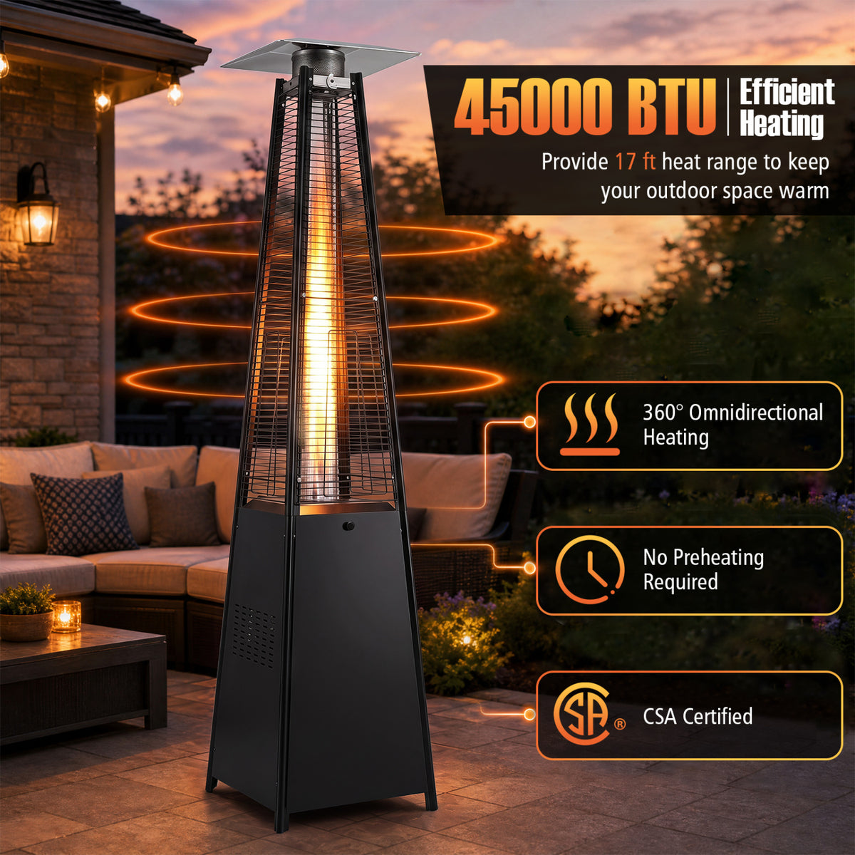 45000 BTU Pyramid Patio Heater with Zippered Cover Triple Safety Protection and wheels-Black