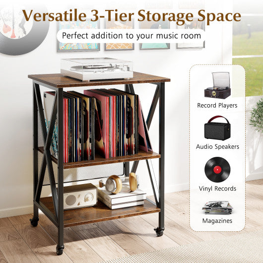 3-Tier Record Player Stand with Charging Station and Adjustable Shelf-Coffee