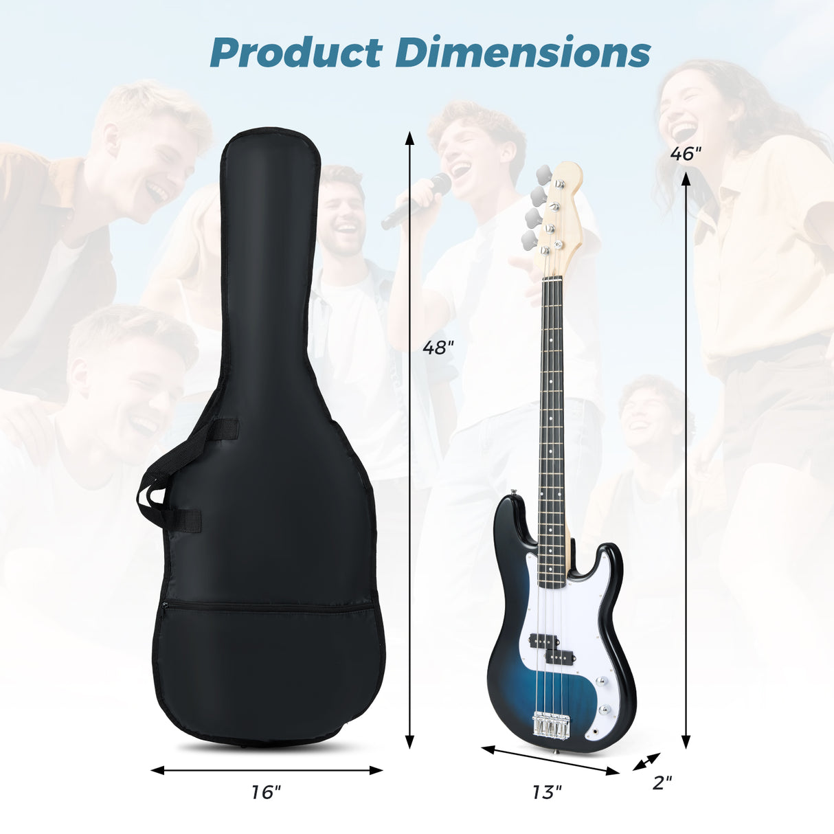 45.5 Inch Electric Bass Guitar with Double Pickups and Gig Bag for Beginners-Blue