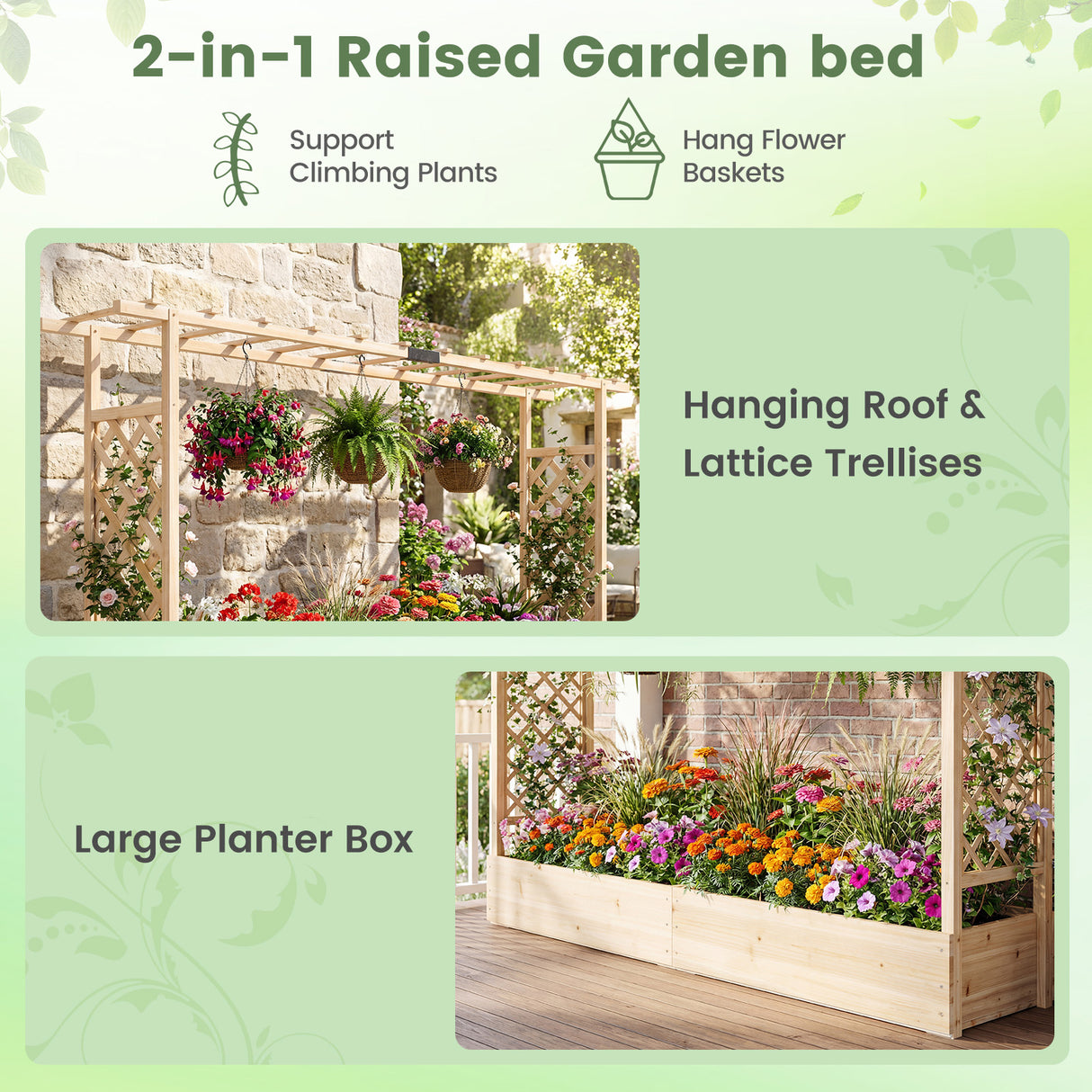 45 Inch Tall Wooden Raised Garden Bed with Side Trellis and Hanging Roof Drainage Holes-Natural