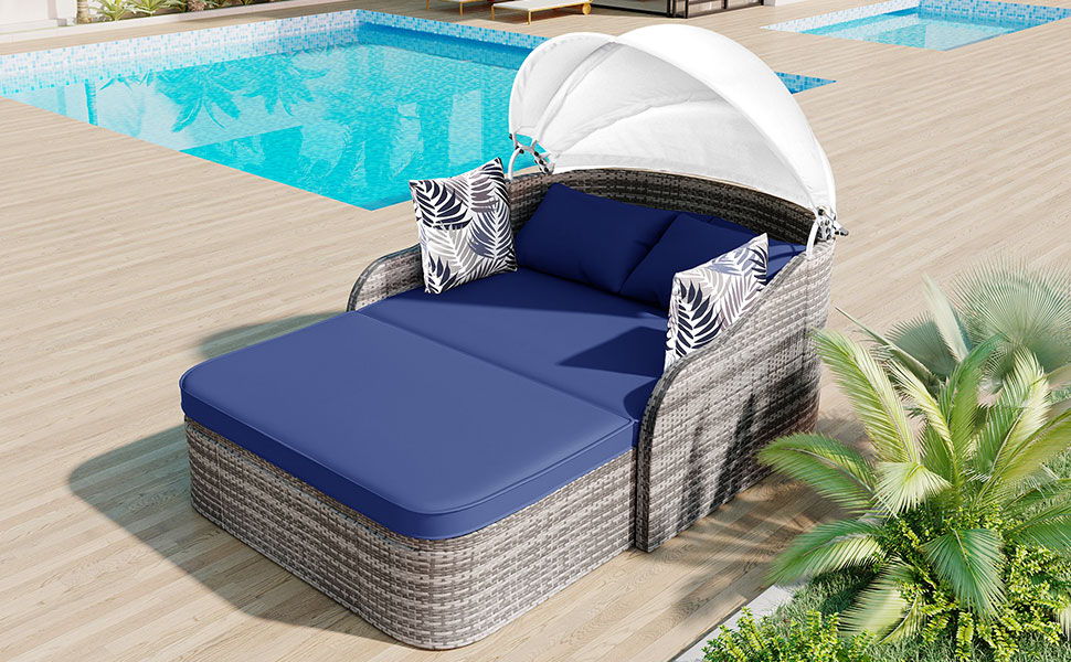 Outdoor Sunbed With Adjustable Canopy, Daybed With Pillows, Double Lounge, PE Rattan Daybed by Couch.com