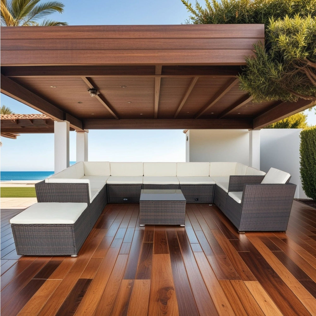 11 Piece Patio Wicker Conversation Set, 10 Seater Patio Sectional Set With 3 Storage Box Under Seat - Brown / White by Couch.com