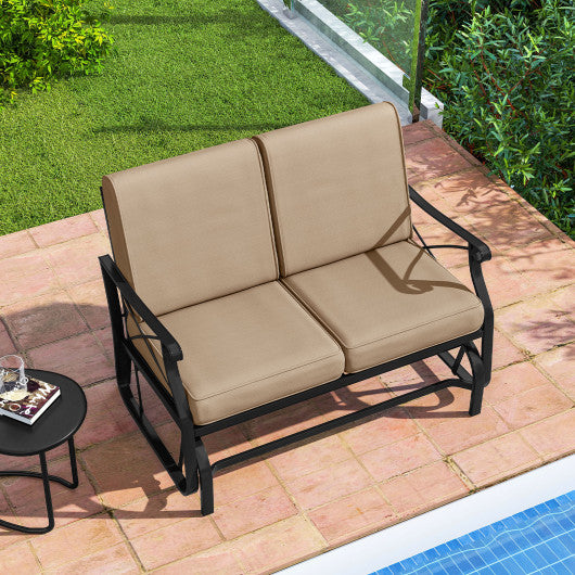 Outdoor 2-Person Glider Rocking Chair Loveseat with Thick Cushions and Metal Frame-Brown
