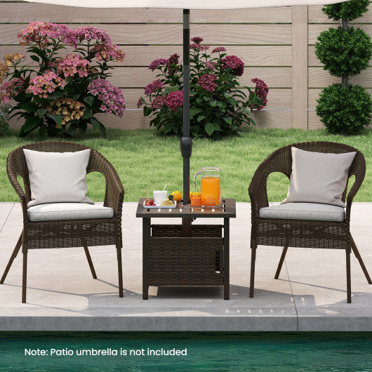 Outdoor Side Table with 1.93" Umbrella Hole All-Weather PE Wicker Patio Umbrella Table-Brown